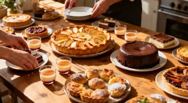 Table garnie de divers desserts : tartes aux fruits, gâteaux au chocolat, verrines et petites bouchées.