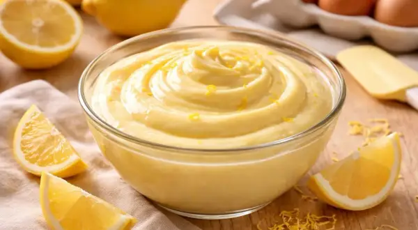 Crème dessert citron onctueuse dans un bol, garnie de zestes de citron, avec des quartiers de citron et des œufs en arrière-plan.
