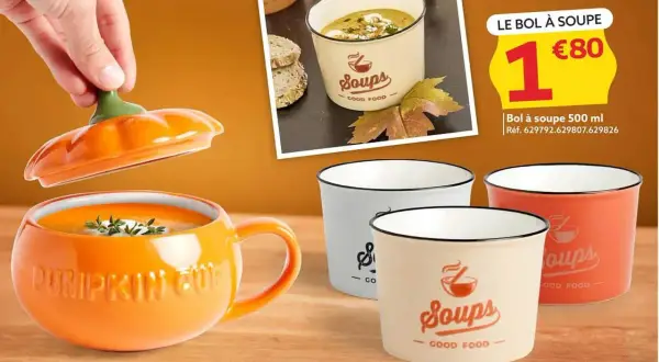 Bol orange citrouille avec couvercle, bol à soupe blanc, beige et orange.