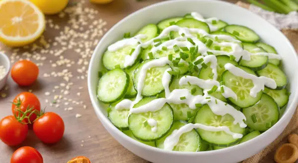 Salade de concombre en rondelles, arrosée de sauce blanche et garnie de ciboulette.