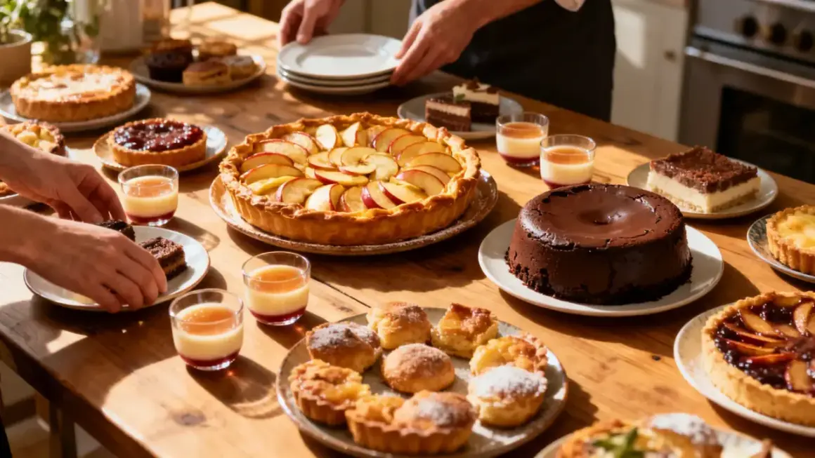 Table garnie de divers desserts : tartes aux fruits, gâteaux au chocolat, verrines et petites bouchées.