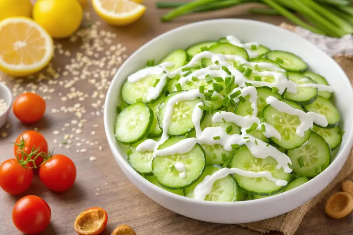 Salade de concombre en rondelles, arrosée de sauce blanche et garnie de ciboulette.
