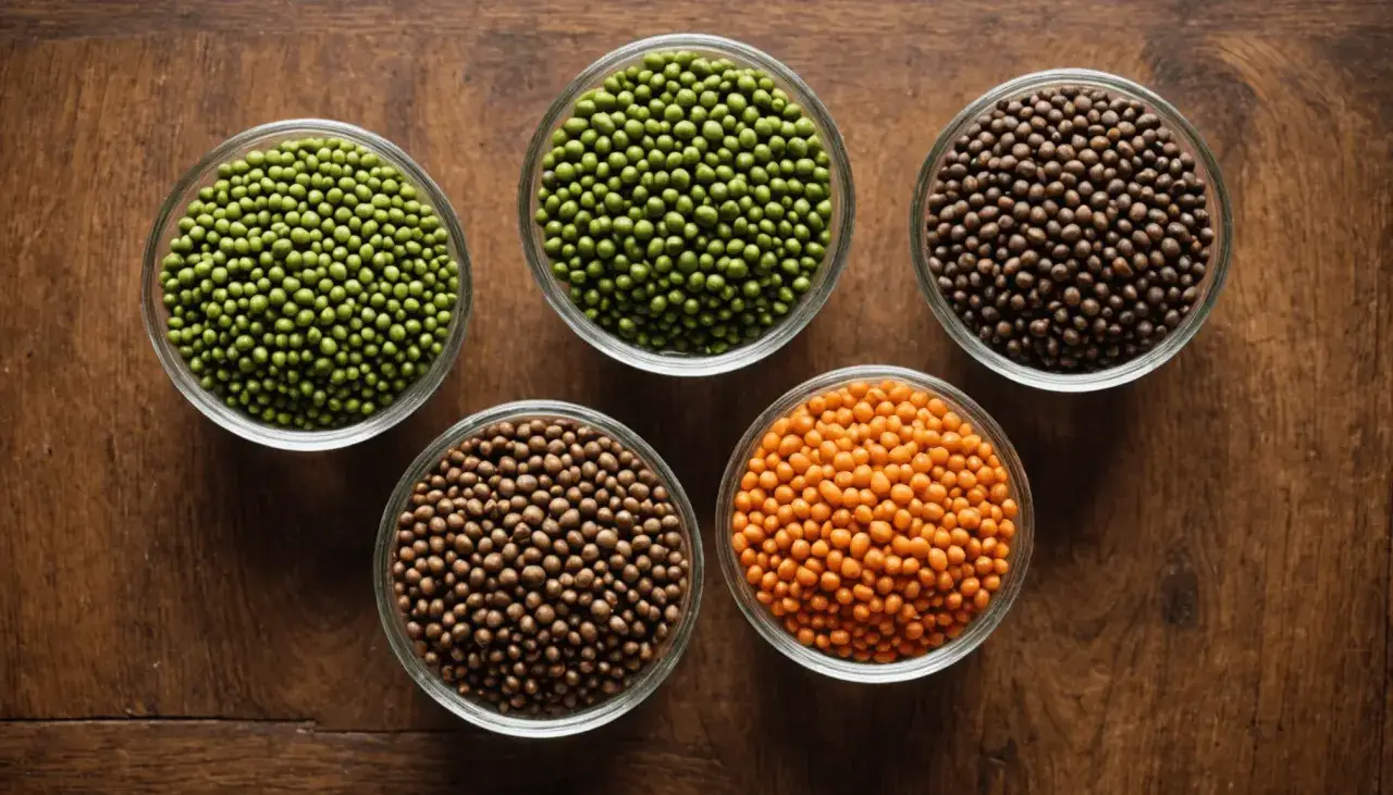 Différents types de lentilles (vertes, corail, brunes)