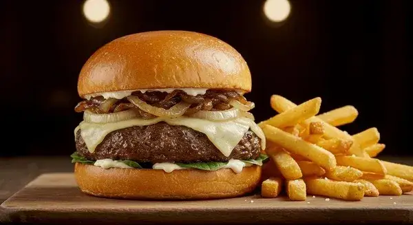 burger gourmet parfaitement assemblé vue de côté