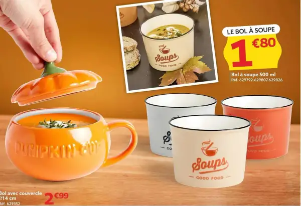 Bol orange citrouille avec couvercle, bol à soupe blanc, beige et orange.